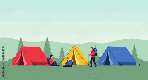 Colorful Tents And Happy Campers Enjoying Wilderness Scenery Outdoor Adventures