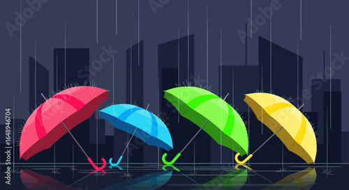 Colorful Umbrellas in The Rain During Cityscape Illustration With Reflection