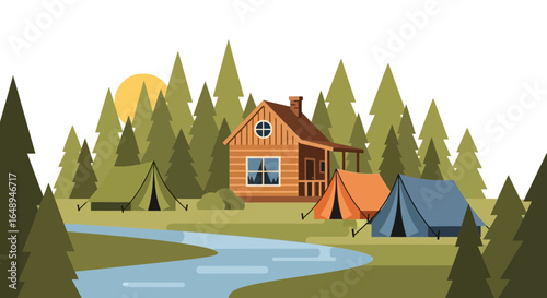 Cozy Cabin With River And Camping Tent In A Serene Forest Setting