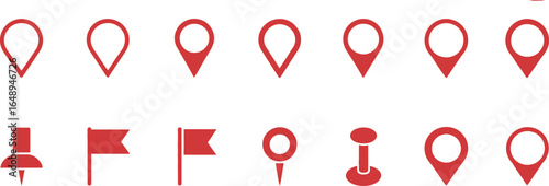 Red Pin Icons, Location Markers, Flags and Map Pointers On A White Background