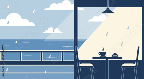 Cozy Cafe Scene On Rainy Day With Seaside View And Hot Beverages