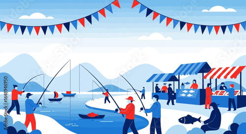 Community Fishing Event By The Lake With Vendors And Colorful Festive Banners