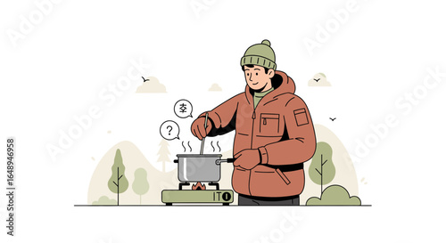 Cozy Camping: Man Cooking Outdoors in Winter Landscape Illustration