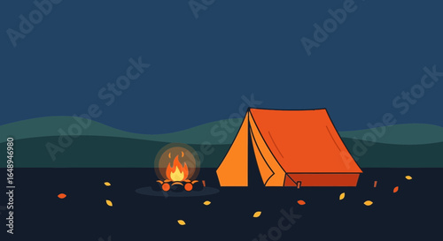 Cozy Camping Night Scene with Bonfire Under A Dark Blue Sky