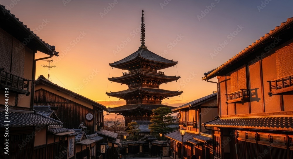 Obraz premium Sunrise over a traditional Japanese pagoda. Wooden structures line a narrow street, with a three-tiered pagoda in the foreground, bathed in warm golden light