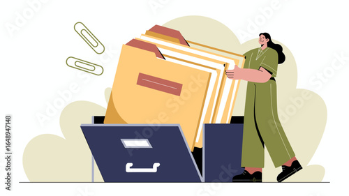 office worker organizing large folders into filing cabinet vector illustration, case file organization, document management and data archiving