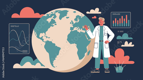 scientist analyzing data in front of globe vector illustration, climate and health study, global environmental research and data analysis