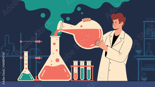 scientist pouring liquid between flasks in laboratory vector illustration