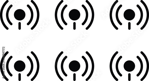 Set of Wireless Communication Symbol Icons, Black Transmission Wave on White