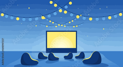Cozy Evening Movie Screening With Comfortable Seating And Festive Lights