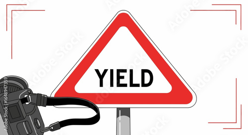 Conceptual Illustration Depicting a Photographer Framing a Yield Sign On Location