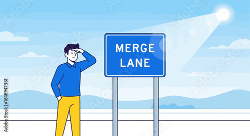 Conceptual Illustration Depicting A Man Standing Near A Merge Lane Sign Outdoors