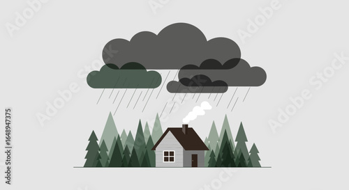Cozy Home Amidst Evergreen Forest Under Moody Sky In Minimalist Illustration