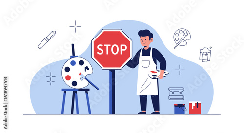 Conceptual Illustration Of An Artist Blocked By A Stop Sign Creativity Halt