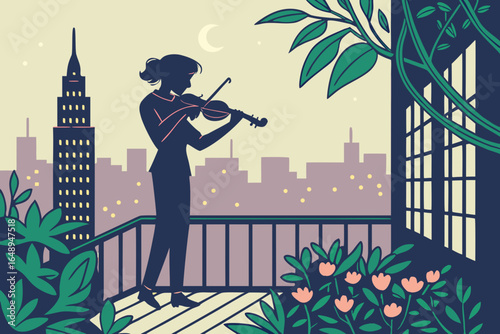 A violinist plays on a rooftop garden overlooking the Manhattan skyline at dusk.