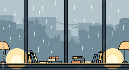 Cozy Rainy Day Bookshelf View From Indoor By the Window Vector Illustration