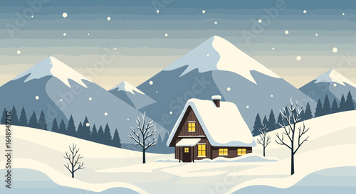 Cozy Winter Cabin Scene in Snowy Mountain Landscape Illustration for Winter Holidays