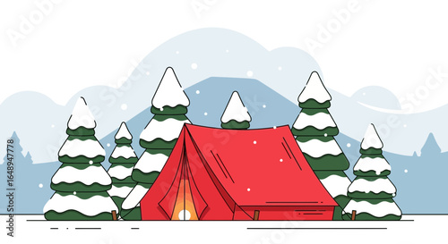 Cozy Winter Camping Scene: Red Tent in Snowy Forest Landscape with Christmas Trees