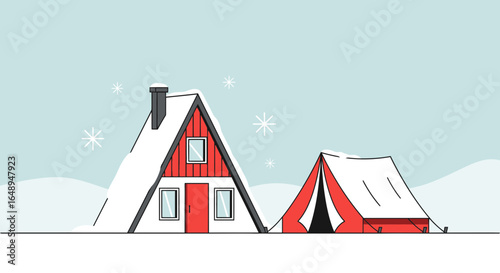 Cozy Winter Scene Cabin And Tent Covered In Snow Vector Illustration