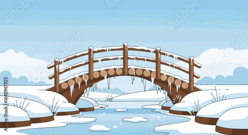 Cozy Winter Scene Featuring A Snow Covered Wooden Bridge Over Frozen Creek