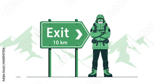 Confident Hiker Standing Next To Exit Sign Near Distant Snowy Mountains