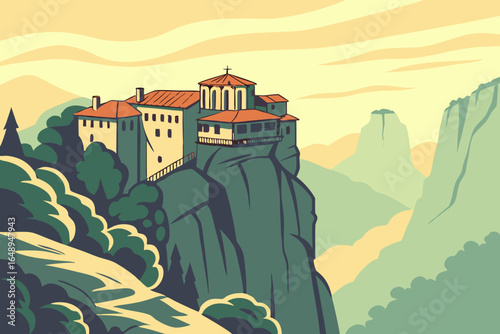 A cliffside monastery bathed in golden dawn light, modern flat illustration style