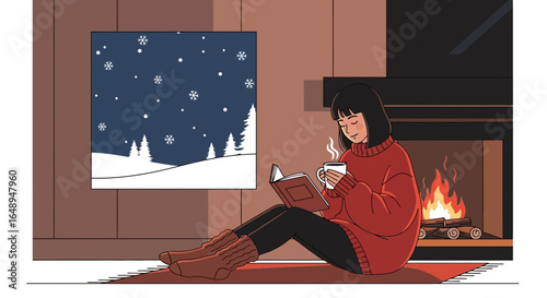 Cozy Winter Scene Woman Reading Book By Fireplace During Snowfall