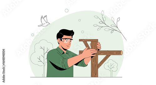 Craftsman assembling a wooden structure outdoors with safety glasses in a tranquil setting