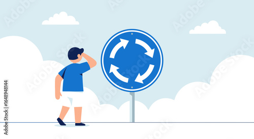 Confused Man Looking At Roundabout Road Sign On Blue Sky Background