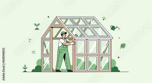 Craftsman Building A Greenhouse For Growing Vegetables With Gardening Tools
