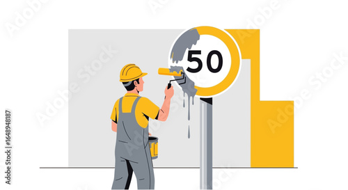 Craftsman Renovating Road Sign Using Roller With Care For Safety and Precision