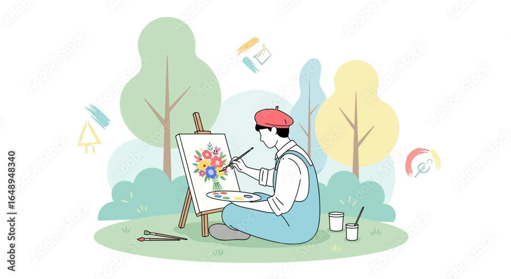 Fototapeta premium Creative Artist Painting Flowers Outdoors With Brush And Easel In Nature Scene