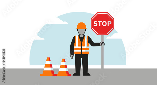 Construction Safety Employee Directing Traffic Using Stop Sign And Cones