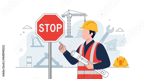 Construction Halt Order By Engineer On-Site Project With Stop Sign Concept