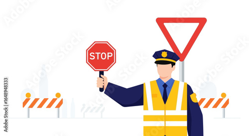 Construction Roadblock Officer Directing Traffic To Stop At Roadside Checkpoint