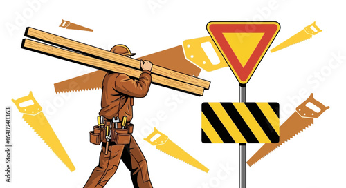 Construction Scene Depicting a Carpenter Carrying Wood with Caution Signs and Saws