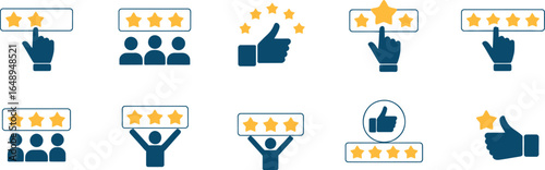 Star Rating Icons Set Thumbs Up Gestures, People Symbol, Yellow Star Rating