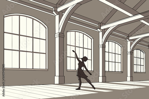 A dancer practices ballet in a sunlit loft with large arched windows.