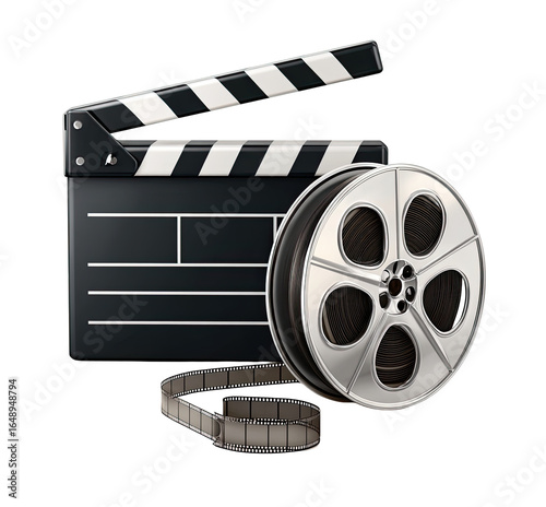 Movie clapperboard and film reel.  A black clapperboard with white stripes sits next to a silver film reel, with a strip of film connecting them.  3D rendered