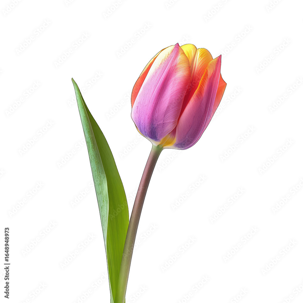 Naklejka premium Vibrant tulip blossom,?pink-orange hues,?isolated, green stem