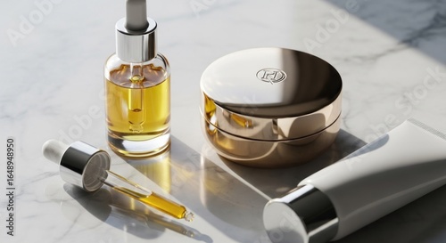 Three skincare products on a marble surface.  Golden serum dropper bottle, gold cream jar, and white tube.  High-gloss finish.  Sunlight highlights