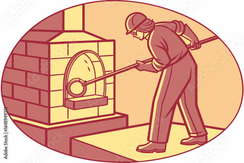 A glassblower shapes molten glass in a glowing furnace-lit studio.