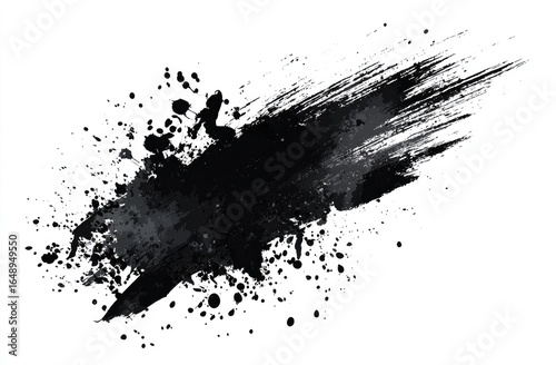 Abstract ink splatter on white background.  A dynamic, dramatic, and textured ink splatter with brush strokes and droplets