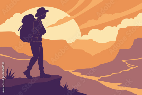A hiker pauses on the edge of the Grand Canyon, bathed in the soft orange glow of evening.