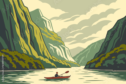 A kayaker drifts through a serene Norwegian fjord surrounded by towering cliffs.