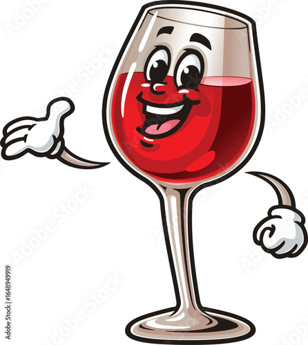 Cartoon mascot of a wine glass with a welcoming pose