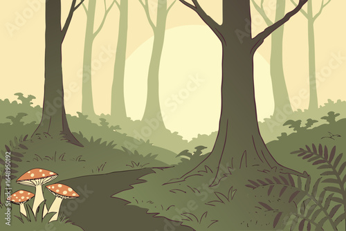 A misty forest clearing with a glowing fairy circle of mushrooms, modern flat illustration style