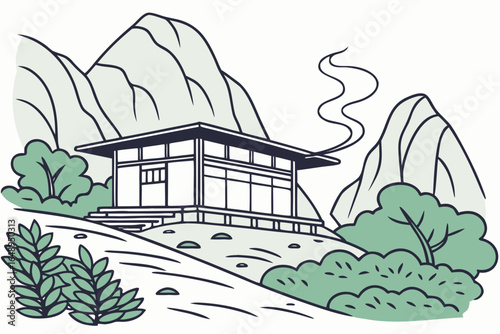 A mountain-side tea house with steam curling into the cool air, modern flat illustration style