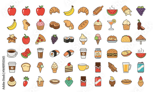 Culinary Collection: A colorful array of diverse food icons, meticulously crafted to visually represent various culinary delights, perfect for any food-related project.