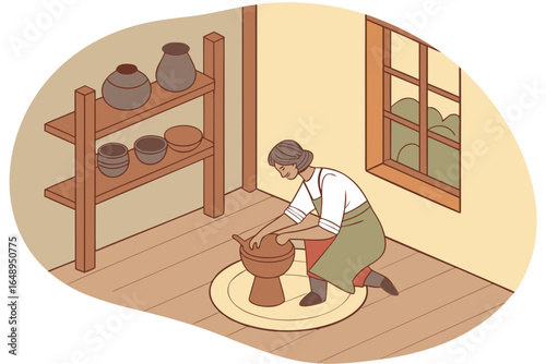 A potter shapes clay at a wheel in a rustic countryside studio.